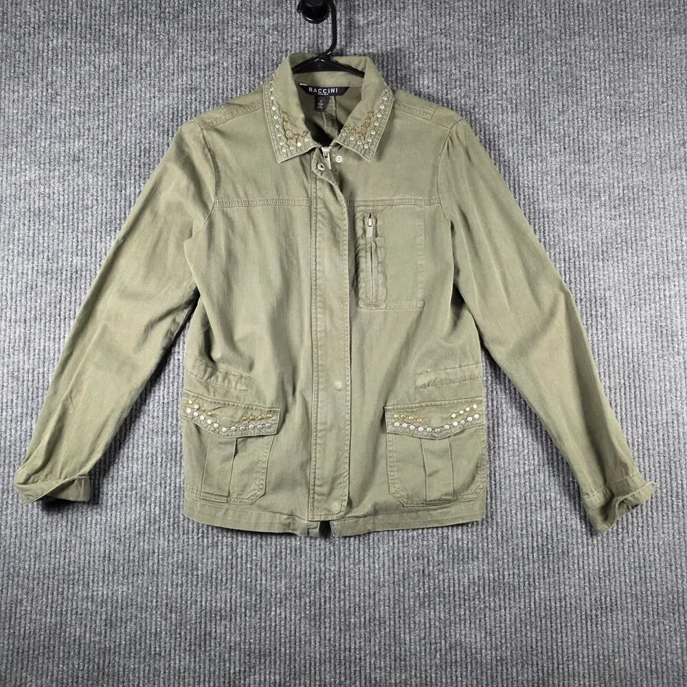 Baccini Olive Green Utility Jacket Studded Military Zip Snap Womens‎ S